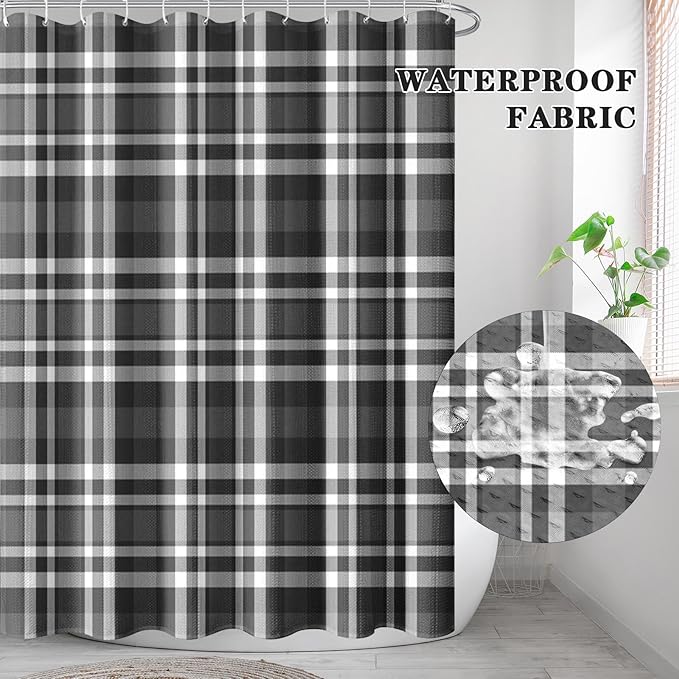 Culudea Plaid Black White Grid Shower Curtain Set, Checkered Modern Geometric Bathroom Window Waffle Cloth Waterproof Shower Curtains for Bathroom Decor