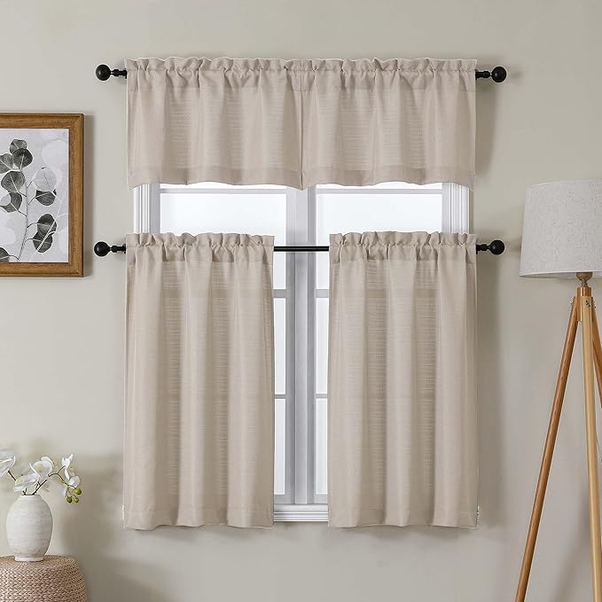 Lecloud Bessie Khaki Kitchen Curtains 36 Inch Length 2 Panels Set, Faux Linen Textured Light-Filtering Short Curtains for Small Windows Basement Dining Room, Dual Rod Pocket, Each 30 W x 36 L
