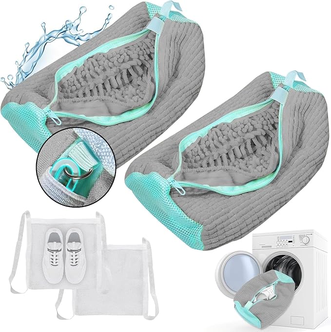 Shoe Washing Machine bag, Shoe Laundry Bag for Washer and Dryer, Include Dry Net Bag, Reusable and Durable Zipper with Hook Design, Shoe Washing Bag for Sneaker (Gray, 2 Pack)