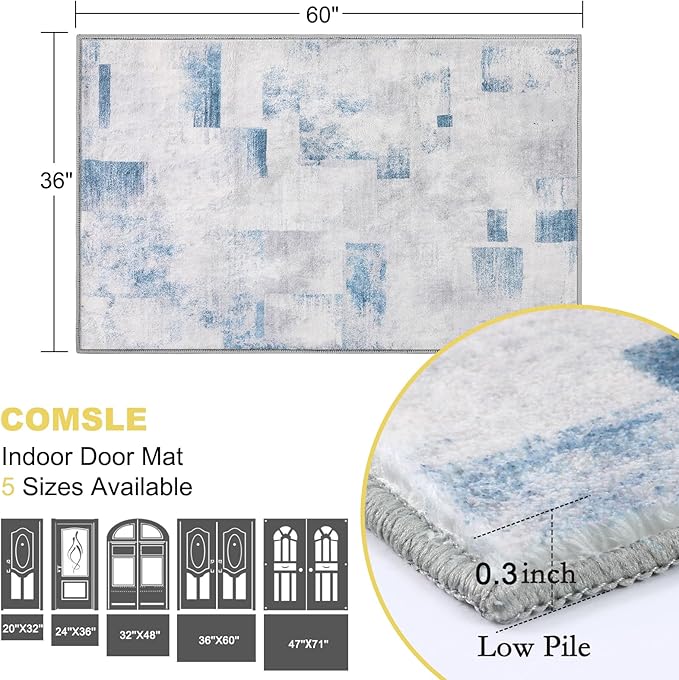 COMSLE Door Mat, Front Door Mat Indoor for Entrance Faux Wool Absorbent Non Slip Modern Throw Rug for Entryway Bedroom Muddy Paws - Pet Friendly, 36x60 Inches,Square Blue Machine Washable