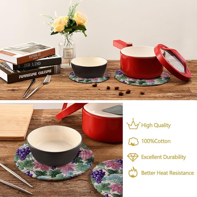 Boccsty Spring Summer Grape Trivets for Hot Pots and Pans Leaves Pot Holders 2PCS Hot Pads Kitchen Pot Holder for Counter Table Countertop Farmhouse