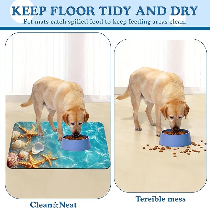 Starfish Seashell on Beach Pet Feeding Mat for Floors–Christmas Stocking Absorbent Quick Dry Dog Cat Bowl Mat for Food and Water, Non Slip Waterproof Base, Mess-Free Feeding Accessories 16"x24"