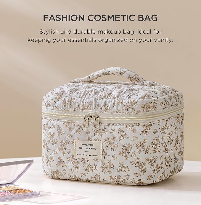 HBselect Christmas Gifts Large Quilted Makeup Bag, Cute Cotton Travel Makeup Bag with Handle, Portable Coquette Floral Make up Bags, Toiletry Organizer Make up Bags for Women Teen Girls Mom