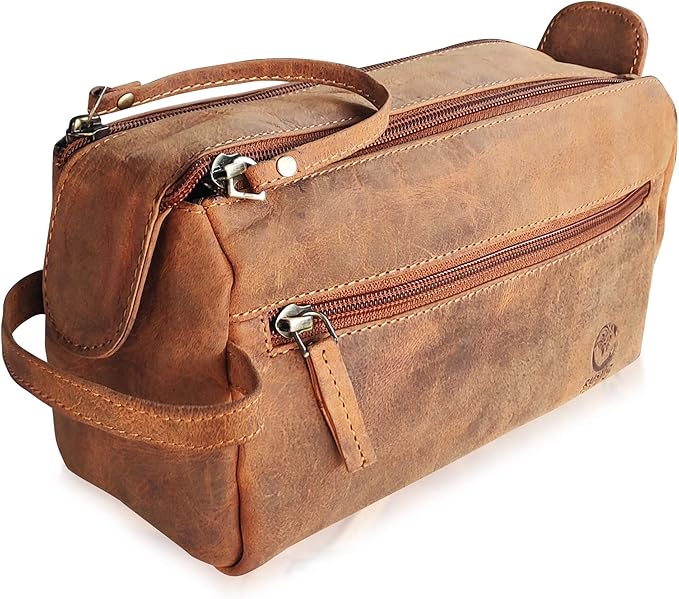 Rustic Town Leather Wash Bag for Men - Travel Toiletry Bag - Shaving Dopp Kit Toiletries Organizer - Leather Makeup Bag for Women