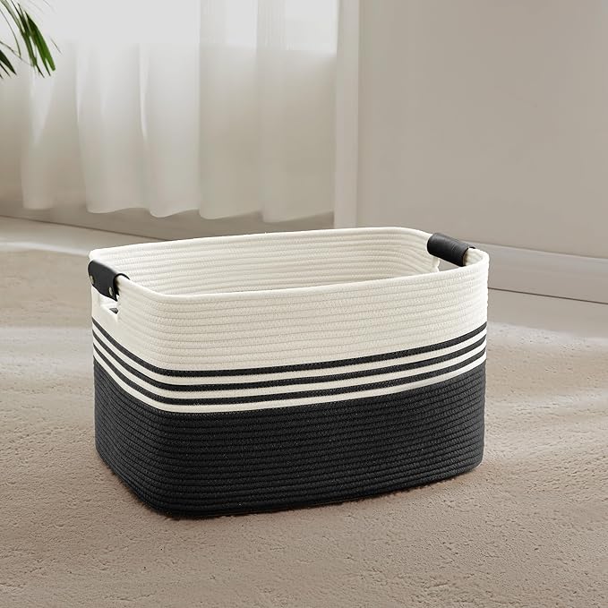 SunNewt 45L Small Laundry Basket with Leather Handles for Living Room Storage, Woven Rope Baskets Bin for Blanket, Kids Toy, Gifts, Wicker Hamper for Bedroom Dirty Clothes, 18"x14"x11" White Black