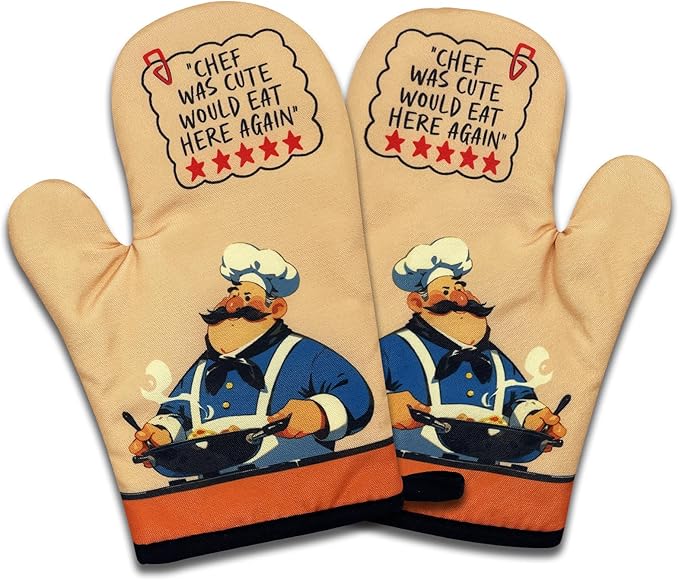 2 Pack Funny Oven Mitts for Men, Chef was Cute Would Eat Here Again, Heat Resistant Silicone Non-Slip Mitts, Baking Cooking Gifts for Chef Friend, Christmas Birthday Gifts for Dad Husband