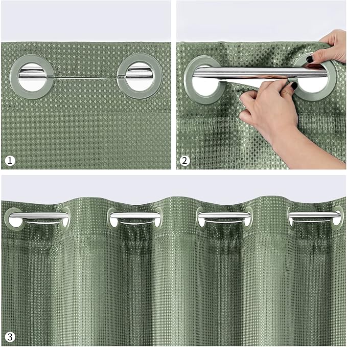 MitoVilla No Hooks Required Sage Green Waffle Shower Curtain Liner Set, Modern Heavyweight Fabric Shower Curtain Set with Snap-in Liner for Hotel Grade Spa-Like Bathroom Decor, 72 x 74