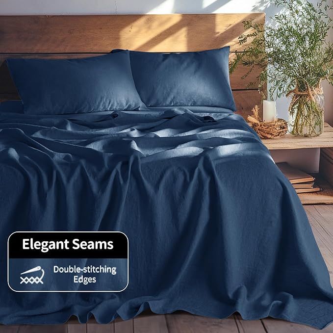LBRO2M 100% Linen Sheet Set Twin Size,Bed Sheets 3 Piece Sets,Solid Color Natural Flax Bed Sheets Soft Breathable Bedding,16" Deep Pocket,All Season (Twin, Navy Blue)