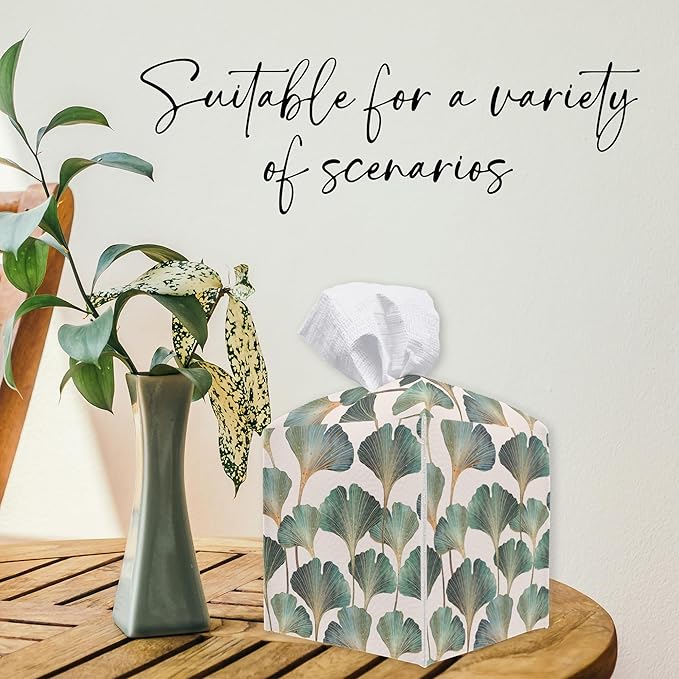 Ginkgo Leaves Square Tissue Box Holder Cover, Tissue Cube Box Organizer for Bathroom, Living Room, Office, Countertop, Car, Night Stands, Modern Home Desk Tabletop Decor - A04