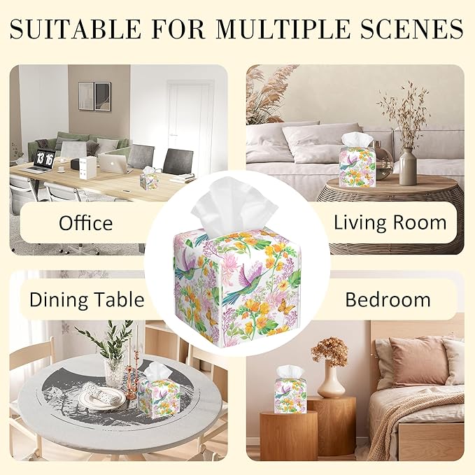 POIUBLE Tissue Box Holder Hummingbird and Flower Tissue Box Cover Butterfly Square Leather Tissue Holder Organizer Portable Decorative Facial Paper Case for Home Office Bathroom Vanity Countertop