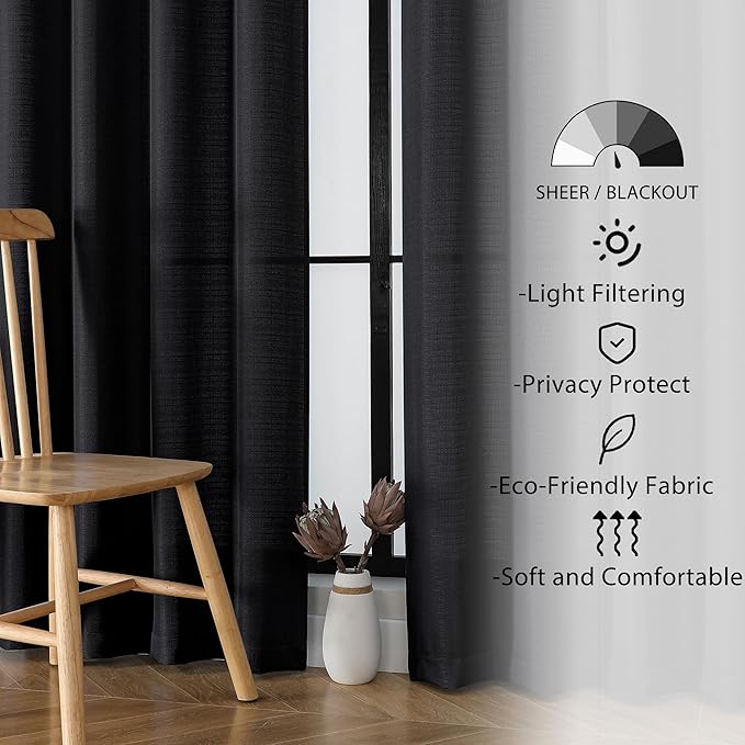 Lecloud Bessie Black Curtains for Living Room 72 Inches Long 2 Panels, Rod Pockets Rustic Bedroom Curtains, Light Filtering Faux Linen Textured Home Decor Window Drapes, Each Panel 40" W x 72" L