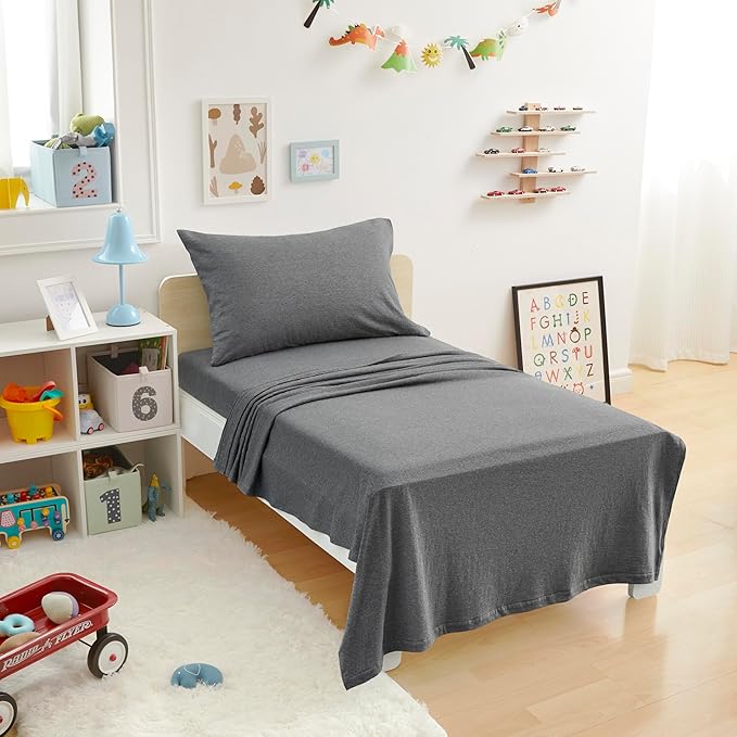 Amazon Basics 3 Piece Bed Sheet Set, 100% Cotton Jersey, Includes Super Soft, Flat and Fitted Sheets, Pillowcase, Toddler, Dark Gray, Solid
