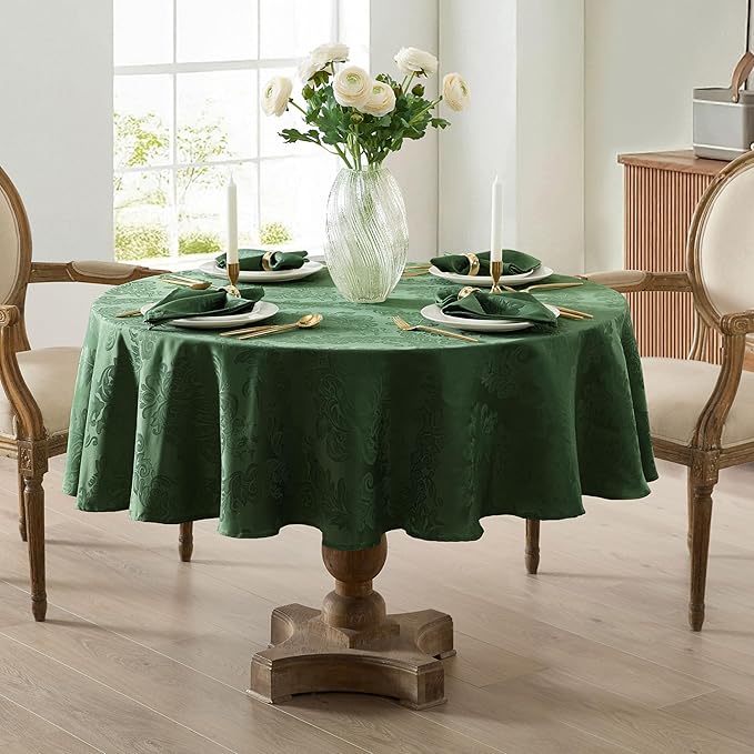 Newbridge Barcelona Damask Fabric Tablecloth, 90 Inch Round, Hunter Green – No Iron, Soil Resistant Table Cover for Dining, Parties and Holidays