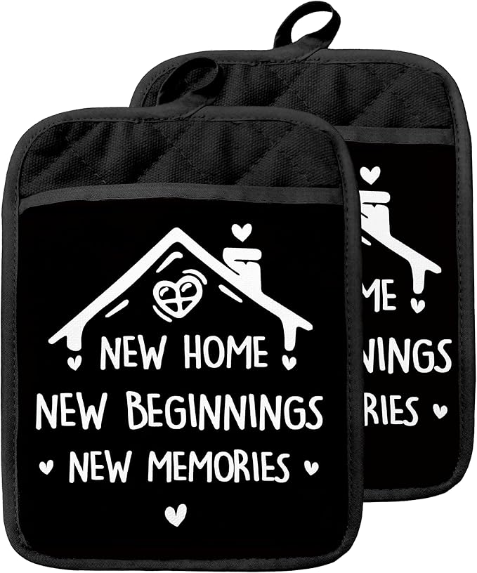 Housewarming Gifts Pot Holders with Pockets, New Homeowner Gifts, New Home Beginnings Memories Oven Pot Holders Heat Resistant Oven Mitts Hot Pads for Kitchen Baking Cooking