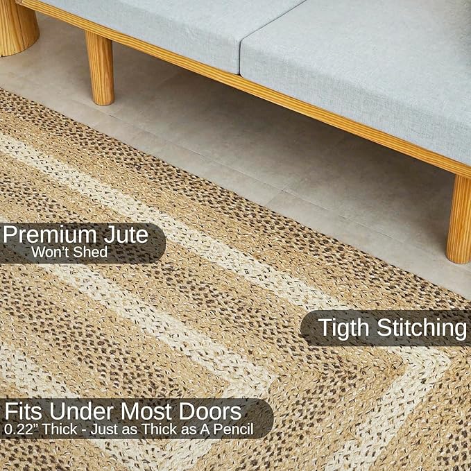 Traditional Jute Braided Rug, Rustic Country Décor for Kitchen, Living Room, Dining Room, Bedroom, Coastal Beige, 5'X7'