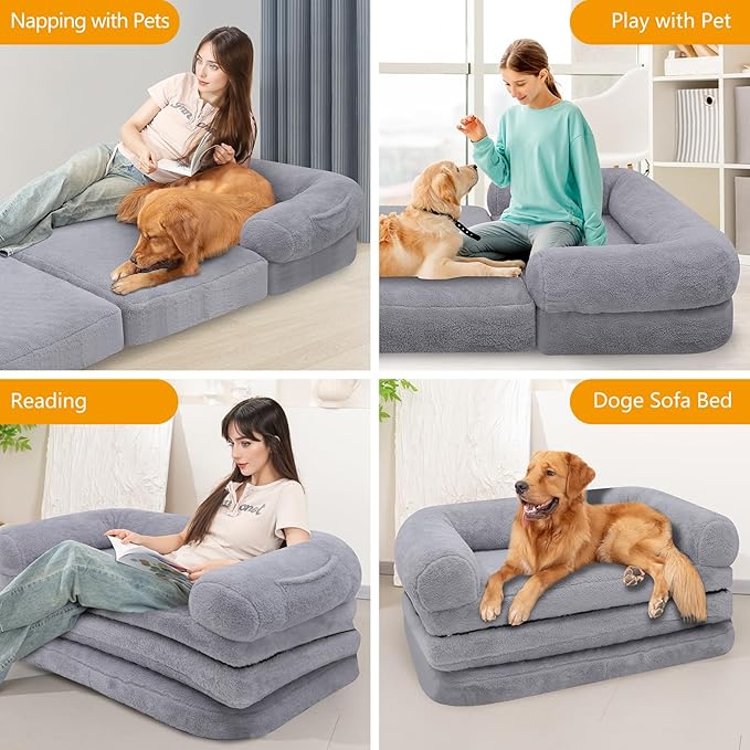 ondware Foldable Human Dog Sofa Bed, 73x42x10 in Plush Pet Bed with Egg Foam Mattress, Portable Dog Bed for Adults, Camping Indoor Use