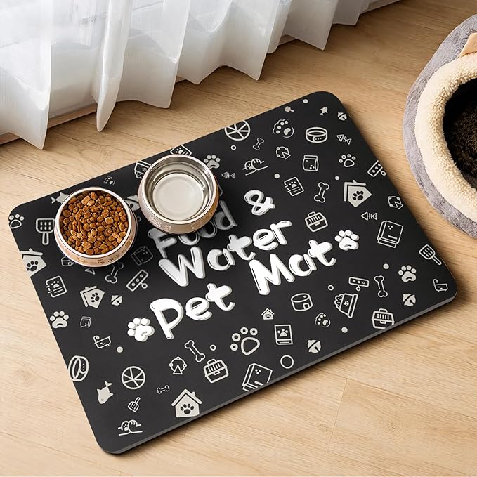 Pet Feeding Mat,Dog Cat Mat for Food and Water,Dog Bowl Waterproof Placemat with Rubber Backing,Absorbent Quick Dry Water Dispenser Mat for Pet（Black 17"×29"）