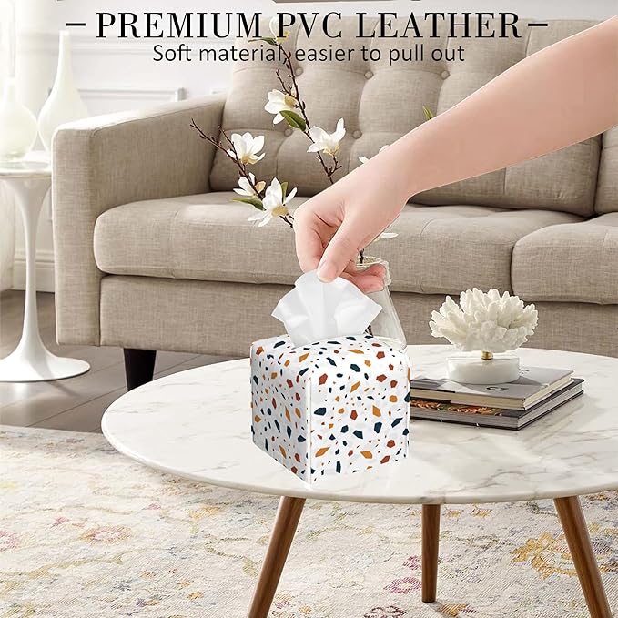 POIUBLE Leather Tissue Box Holder Terrazzo Tile Tissue Box Cover Square Waterproof Tissue Holder Organizer Modern Napkin Holder for Bedroom Dresser Night Stand Office Desk