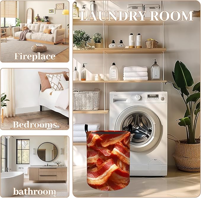 ainori Bacon Laundry Basket, Oxford Cloth Funny Realistic Dirty Clothes Collapsible Hamper for Room Decor, Food Meat and Breakfast Print Gifts Toy Organizer 19.7 * 15.8 Inch for Bedroom Bathroom Dorm
