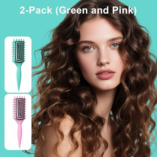 2-Pack Curly Hair Brush, Curl Defining Brush with Soft Boar Bristles Detangling Tangled Glides, Wide-Teeth Design Effortlessly Shaping & Defining Curls, Curling Definer for Wet & Dry Hair (Green Pink)