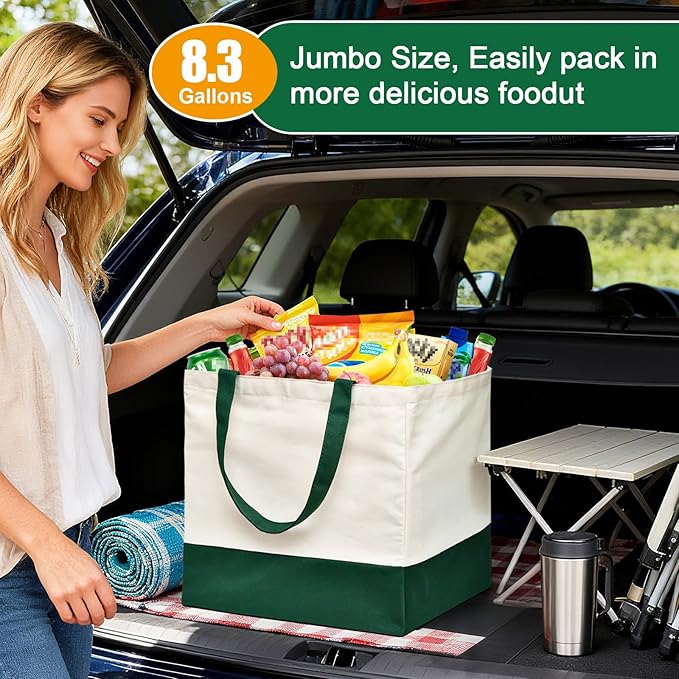 CNaiyunpin Reusable Grocery Bags Heavy Duty, 8.3 gal Foldable Large Canvas Tote Bag with Handles, Holds 60 lbs Canvas Shopping Bags, 1 Pack（Retro Green）
