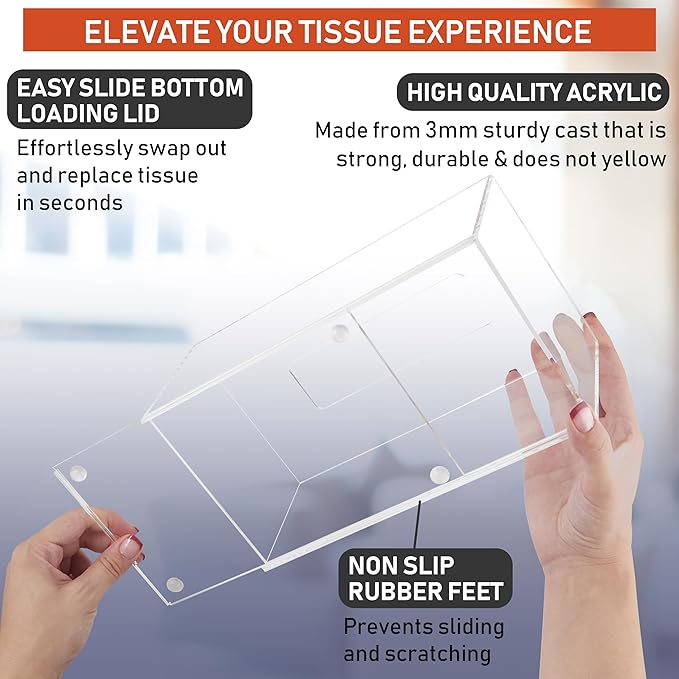 Acrylic Tissue Box Holder, Clear Dispenser for Facial Tissues, Napkins, and Dryer Sheets. Perfect for Bathrooms, Desks, Countertops, Vanities, Bedrooms, and Nightstands (Rectangle, Clear)
