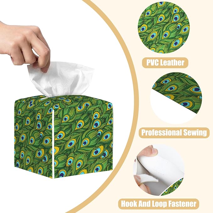 BLYKVGHQ Leather Tissue Box Holder Peacock Feather Tissue Box Cover Facial Paper Case Organizer Cube Napkin Dispenser for Bathroom Vanity Countertop Night Stand Office Car