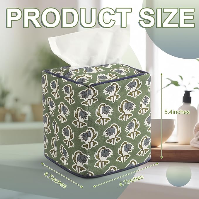Mimorou Green Fabric Tissue Box Cover - Floral Print Tissue Box & Decorative Square Napkin Holder Handmade Cotton for Home Bedroom Vanity Countertop Night Stands Office