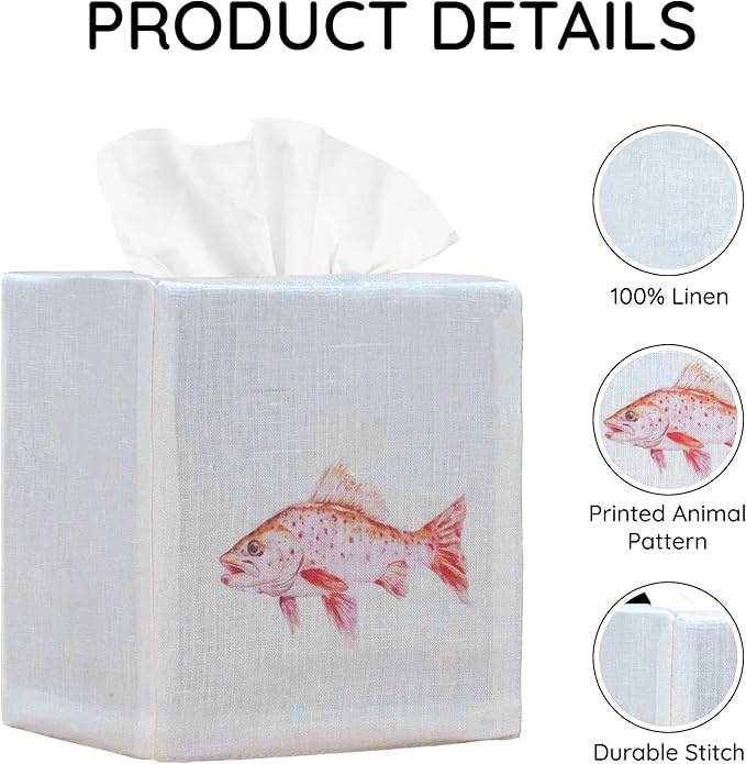 EmbroideryLinen.VN Tissue Box Cover Set of 2, Square Linen Tissue Holder, Printed Animal Pattern, 4.5x4.5x5.5 Inches, Decorative Holder for Bathroom, Living Room, Office (Fish)
