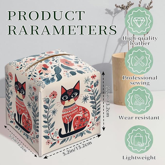 Cat Tissue Box Holder, Nordic Cat Leather Tissue Box Cover Square, Paper Napkins Everyday Dispenser Accessories for Bathroom Vanity Countertop Night Stands Kitchen Office Car Home Decor