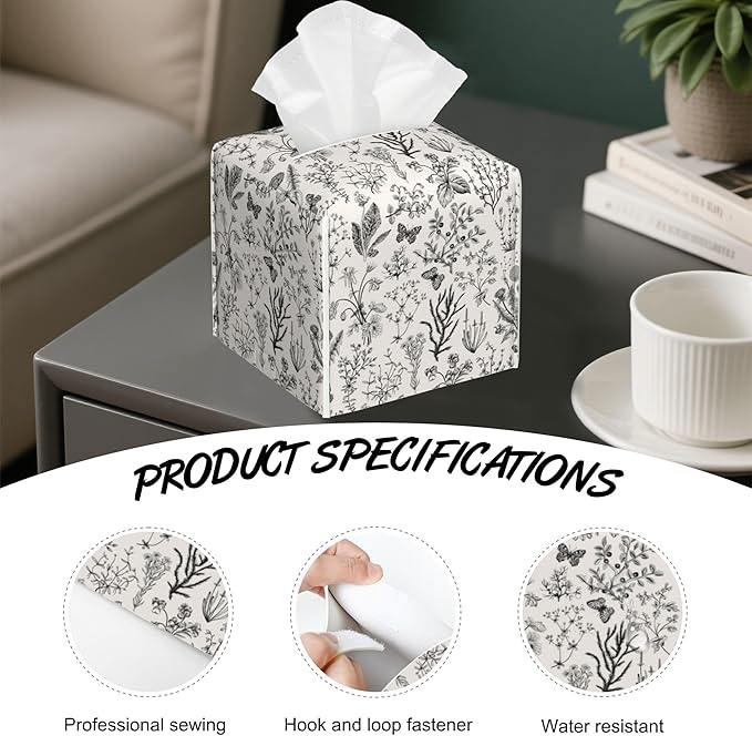 Vintage Wild Flowers Tissue Box Cover Square,Herbs Tissue Box Holder with Belt Bottom,Stylish Leather Napkin Holder for Vanity Countertop,Nightstands,Office Desk,5.2"×5.2"×5.2"