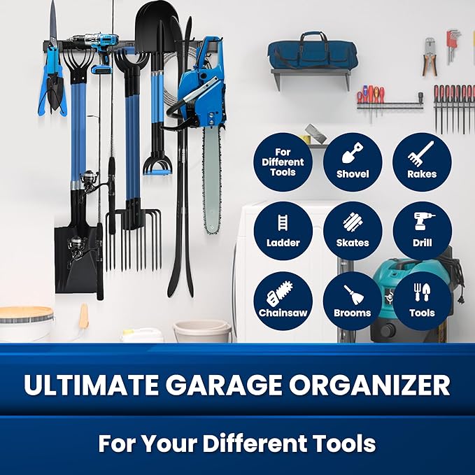 SUKIZZ 96'' All-Metal Garage Tool Organizer Wall Mount – Heavy-Duty Tool Rack Holds 960 lbs, Adjustable Hooks for Garage, Yard, and Garden Equipment