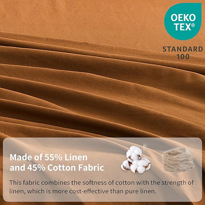 Simple&Opulence Belgian Linen Sheet Set Solid Color - 5 Pieces (1 Flat Sheet, 2 Fitted Sheets & 2 Pillowcases) Natural Flax Cotton Blend Soft Breathable Farmhouse Bedding - Split King Size, Rust