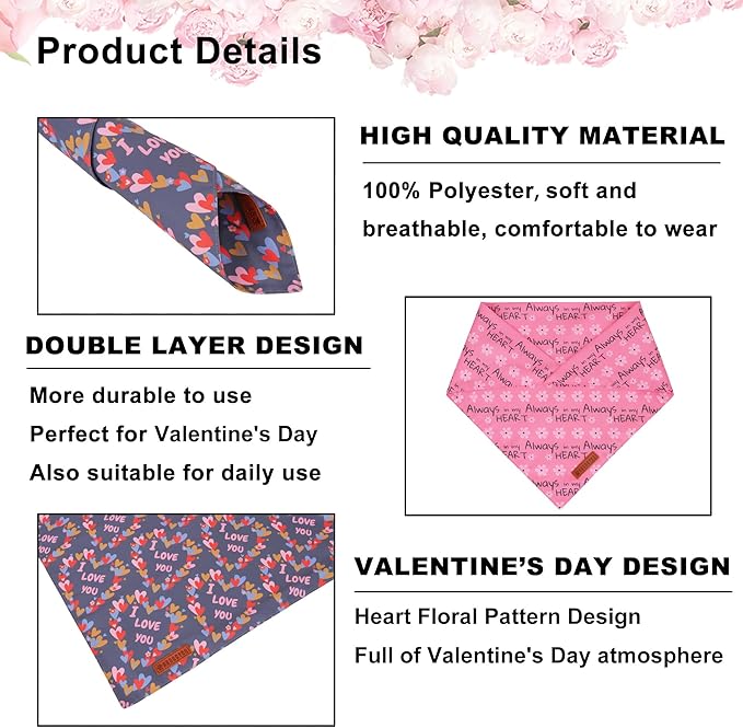ADOGGYGO Valentine Dog Bandanas, Heart Love Floral Pet Scarf, Multi Size Offered, Pink Blue Pet Valentine Bandana for Small Dogs (Small)