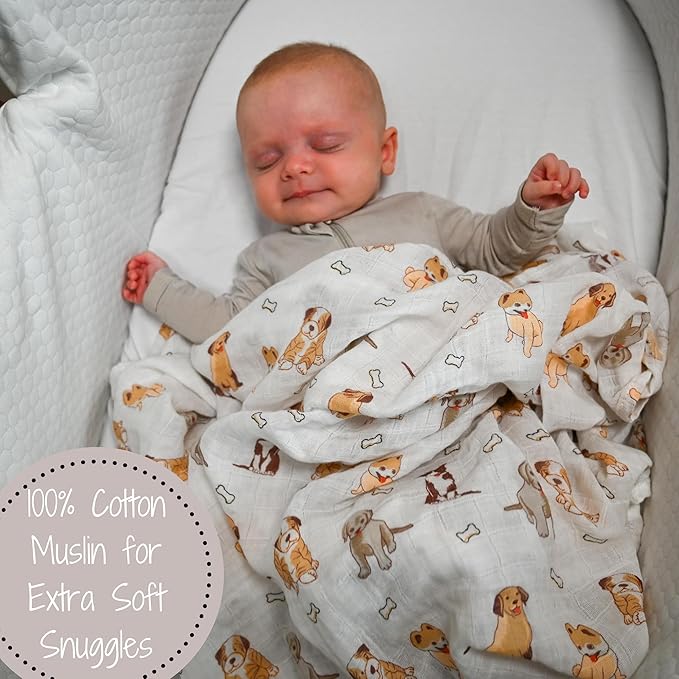 LollyBanks Baby Blanket, 100% Cotton Muslin Swaddle Blankets for Boys and Girls, Large 47 x 47 Inches Infant Receiving Blankets, Soft and Breathable Newborn Blanket, Registry (Puppies Print)