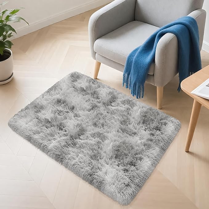 2x3 ft Shaggy Tie Dyed Grey Rug Small,Fluffy Furry Area Rugs for Living Room Door Entryway Indoor Inside Front Entrance Dog Mat Anti Skid Extra Comfy Fuzzy Floor Carpet for Home Decorative