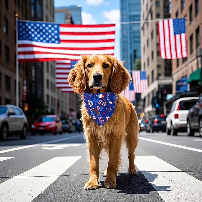 Lionet Paws Summer 2pcs Dog Bandanas, 4th of July USA Dog Scarf Bib Premium Fabric, Happy American Flag Blue Bandanas for Small Medium Dogs Pets