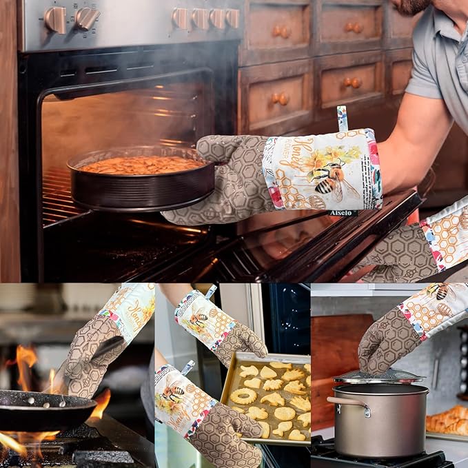 Oven Mitts, Heat Resistant with Soft Quilted Cotton Lining Set of 2, Fashion Bee Design with Silicone Printing Anti-Slip Kitchen Gloves for Safe Backing Cooking Barbecue (Khaki, Bee)