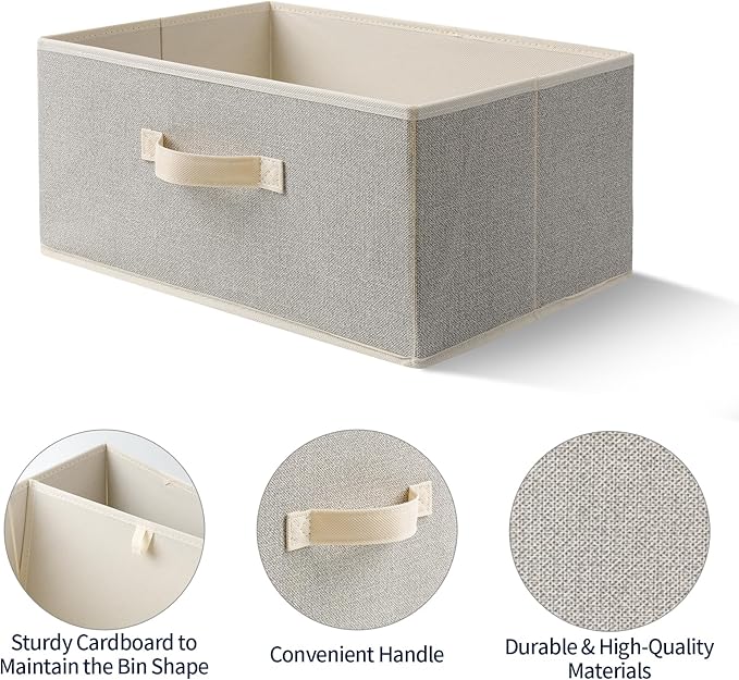 EITMOW Storage Baskets, 15.7-Inch Woven Fabric Bins, Storage Cubes with Reinforced Handles, Organizer Bins for Closet Shelves, Foldable, for Toys, Clothes, Natural Beige (4PCS/Beige-15.7*11*7.8inch)