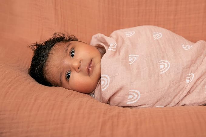 Sticky Toffee Muslin Swaddle Baby Blanket, Blush Pink Rainbows, 47 x 47 in, Soft Breathable Oeko-Tex Cotton Newborn Wrap and Receiving Blanket