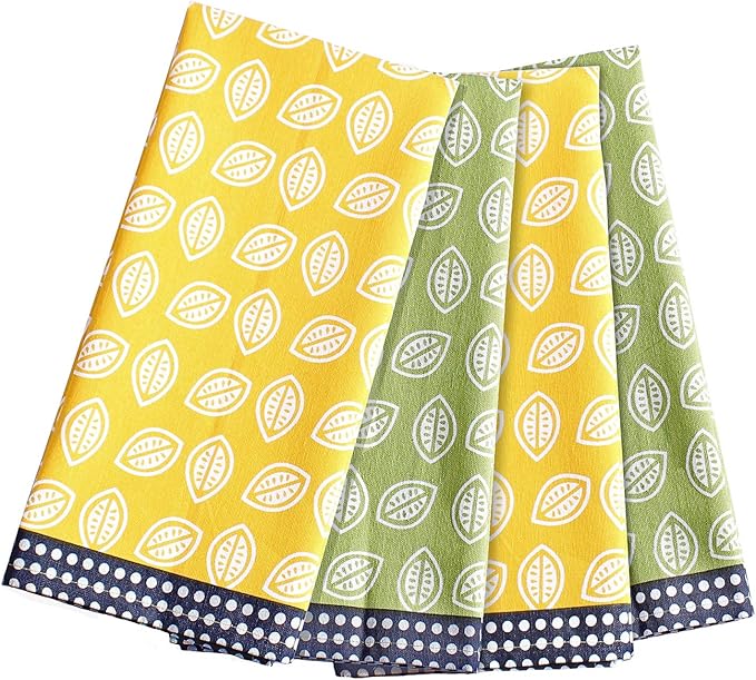 ACCENTHOME Cotton Kitchen Towels Set of 4 - Absorbent Tea Towels With Lemon Slice Print 2+2 Each Design - Multi-Purpose Linen for Drying and Hand Use 20x28