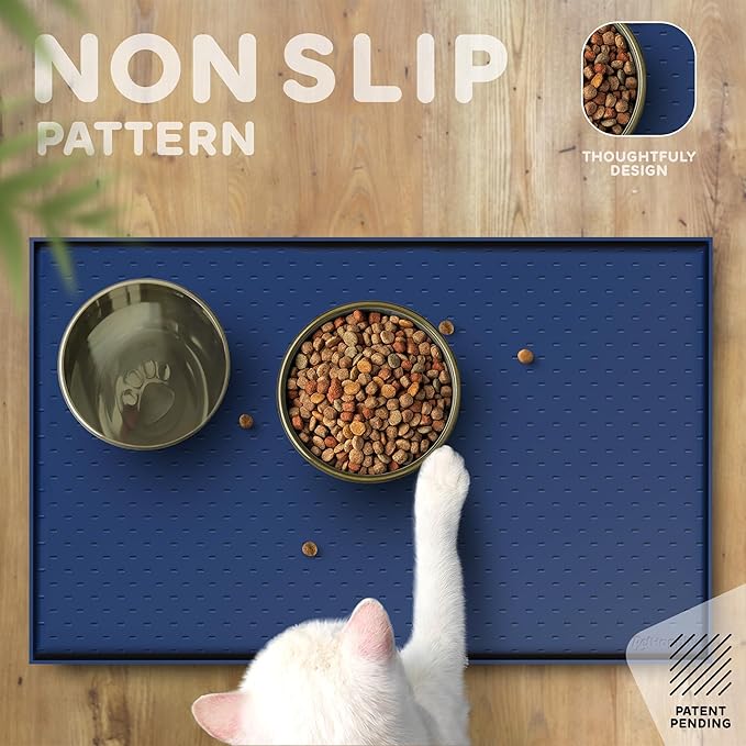 PetHappily Dog Food Mat - Raised Edges Dogs Mat for Food and Water Prevent Spill, Waterproof Cat Food Mats Protect Floors, Easy Clean Dog Bowl Mats for Food and Water, Silicone Pet Food Tray
