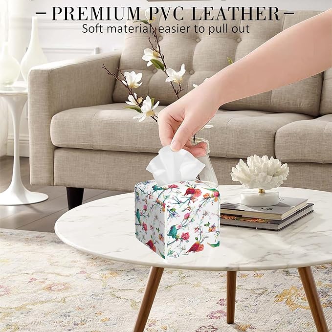 Flowers and Butterflies Tissue Box Holder Birds on Branch Tissue Box Cover Square Leather Tissue Holder Organizer Portable Decorative Facial Paper Case for Home Office Bathroom Vanity Countertop