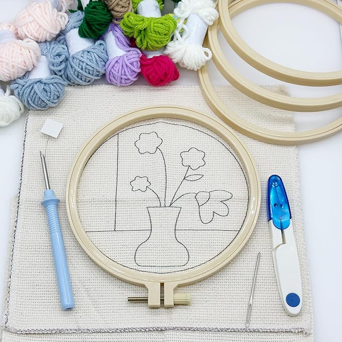 Allazone 4 Set Punch Needle Kits, 15 cm Embroidery Starter Kits, Punch Needle Tool Threader Fabric Embroidery Hoop, Yarn and Home Decor
