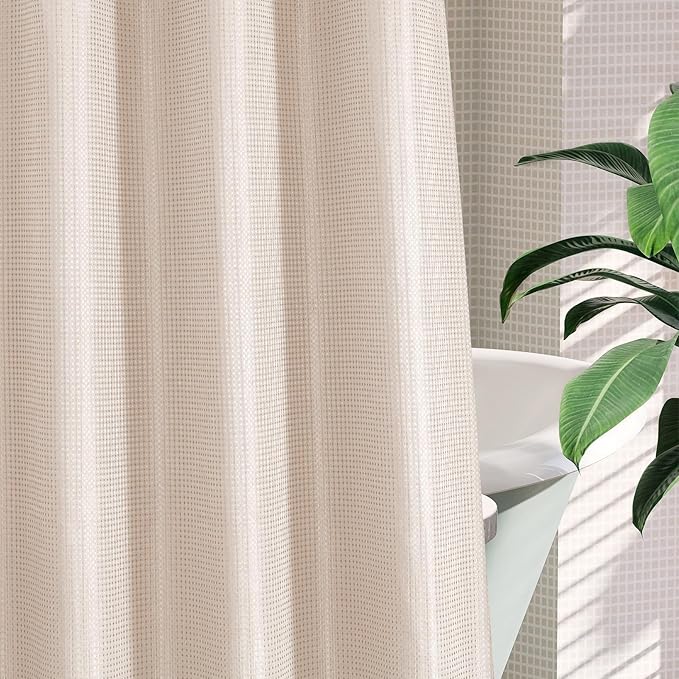 MitoVilla Pink Waffle Small Stall Shower Curtain Liner Set 36 x 74, No Hooks Required Half Size Narrow Fabric Cloth Shower Curtain Set with Snap-in Liner for Modern Bathroom Decor, Blush Pink