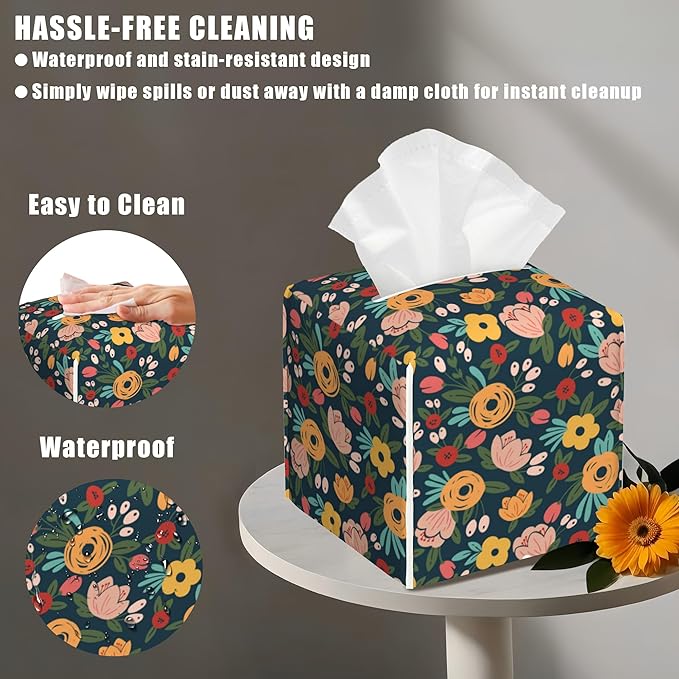 Tropical Flower Leather Tissue Box Holder Vintage Rose Tissue Box Cover Facial Paper Case Organizer Cube Napkin Dispenser for Bathroom Vanity Countertop Night Stand Office Car