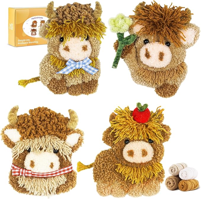 Punch Needle kit-4,Embroidery kit for Beginners,Punch Needle Kits Adults Beginner,Needles, Curved Scissors, a Tool Storage Box, Yarn, Easy-to-Follow Instructions, and Tutorial Videos(4 Highland Cow)