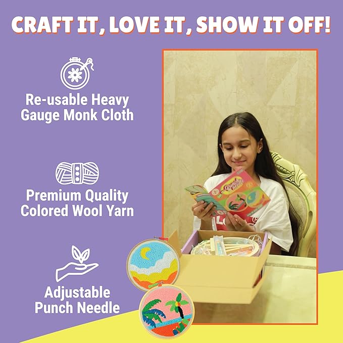 Kalakaram Punch Needle Embroidery Kit | Complete Beginner Starter Kit with 2 Printed Designs | Perfect DIY Craft Gift for Girls, Teens, Kids, & Adults