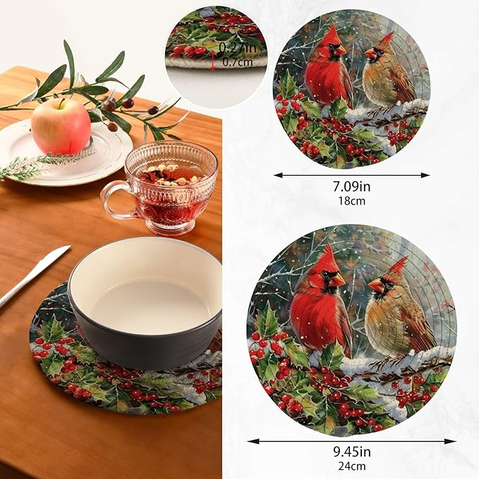 Boccsty Winter Two Cardinal Trivet Mat 2PCS Red Birds Round Woven Potholders Kitchen Table Countertop Protector Hot Pads Farmhouse Cooking