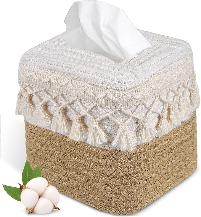 Natural Boho Tissue Box Cover: Handwoven Square Holder with Tassel for Bathroom, Table & Kitchen – Open-Bottom Design Decorative Cover for Home, Office & Farmhouse Decor